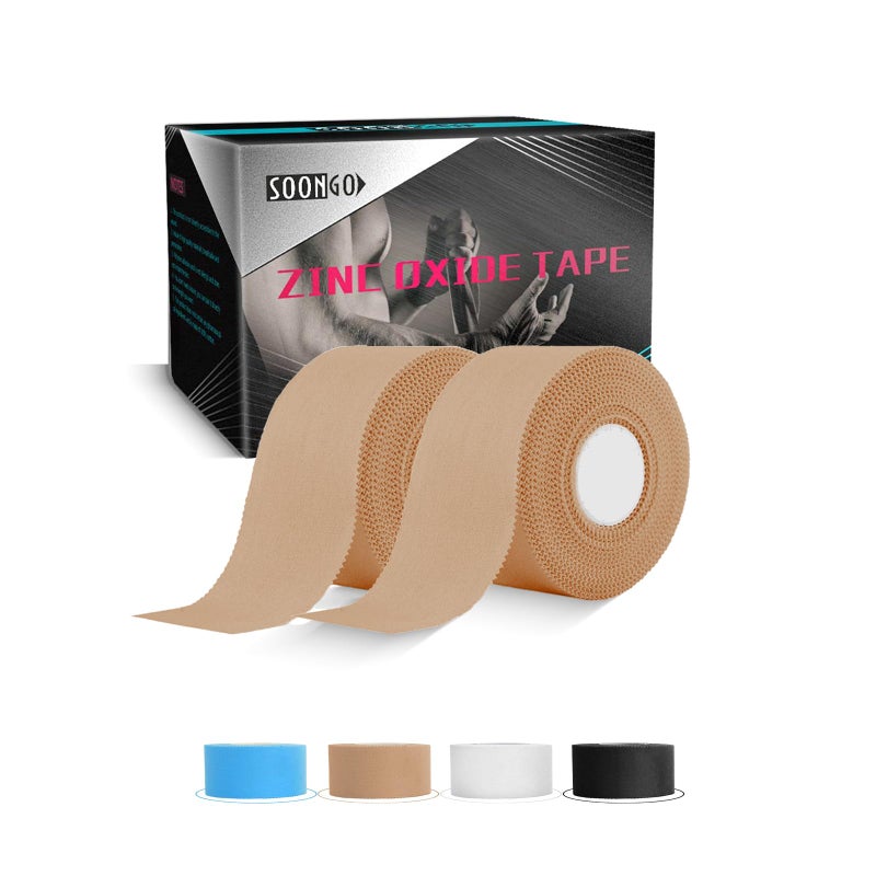 شريط أكسيد الزنك SOONGO 2.5 سم × 10 م بيج 2 لفات شريط رياضي غير مرن يوفر دعمًا أقصى للمفاصل ثبات جيد لاصق مضاد للحساسية